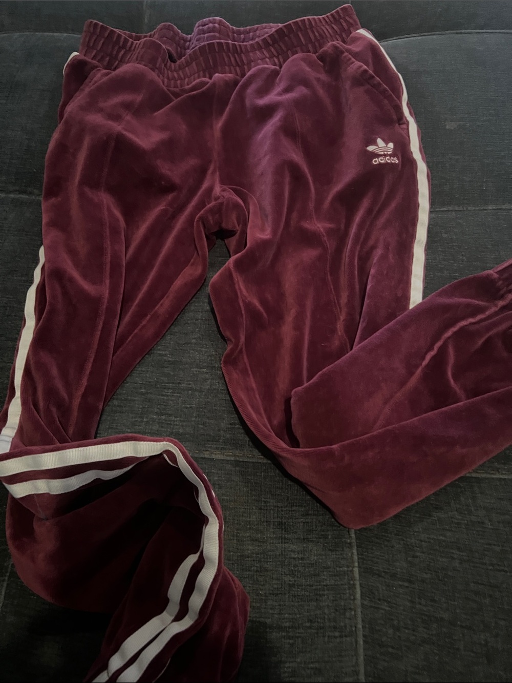 Vintage adidas Burgundy Velour Joggers with White Stripes